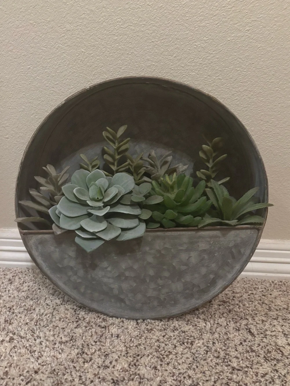 Rustic Gray Metal Wall Planter with Faux Succulents